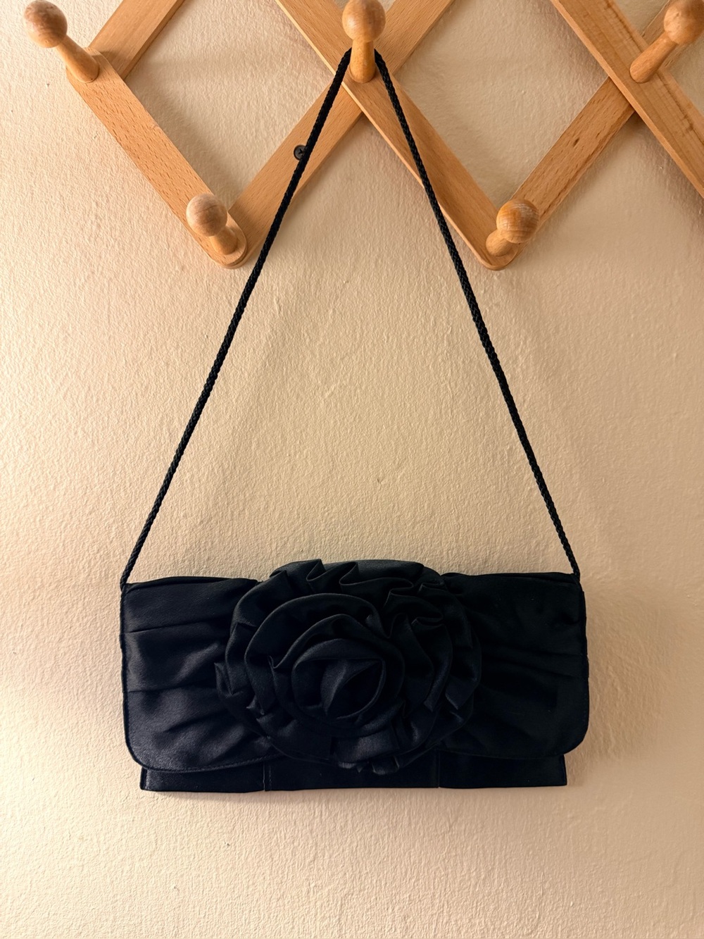 Jessica, McClintock Rosette Black Satin Shoulder Clutch - Women Bags